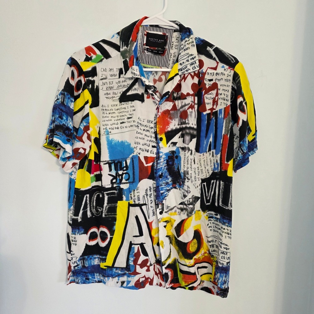 Cactus Man Ricky Singh Abstract Graffiti Print Viscose Short Sleeve Shirt Mens M
